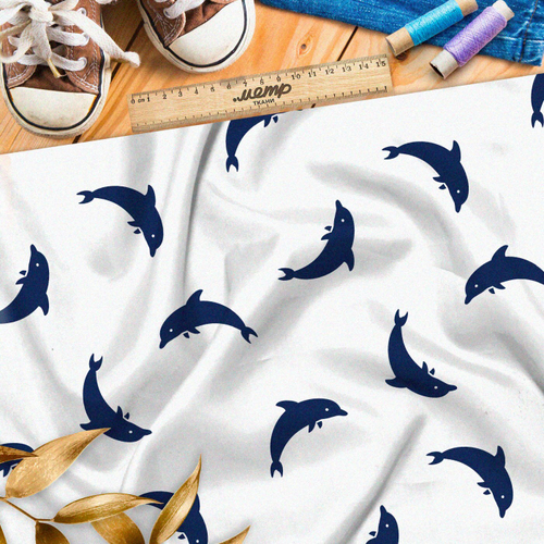 Ткань премиум шелк искусственный Армани синие дельфины на белом