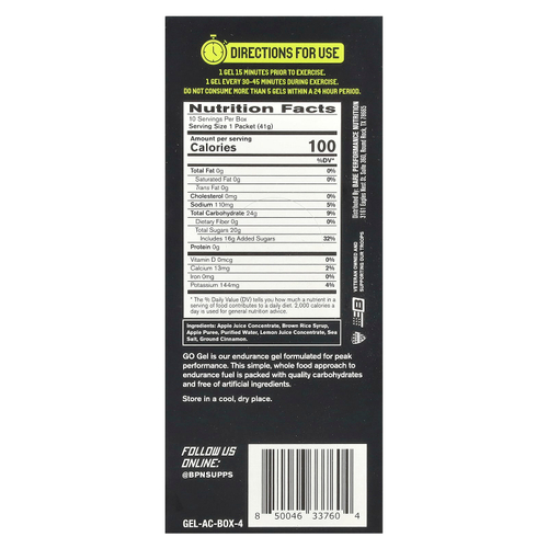 BPN, Go Gel, Endurance гель, яблоко и корица, 10 пакетиков по 41 г (1,45 унции)