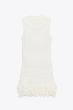 ZARA ТРИКОТАЖНОЕ ПЛАТЬЕ В КЛЕТКУ С БАХРОМОЙ, ЭКРЮ