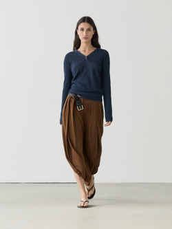 Massimo Dutti Вязаный льняной свитер с пуговицами, темно-синий