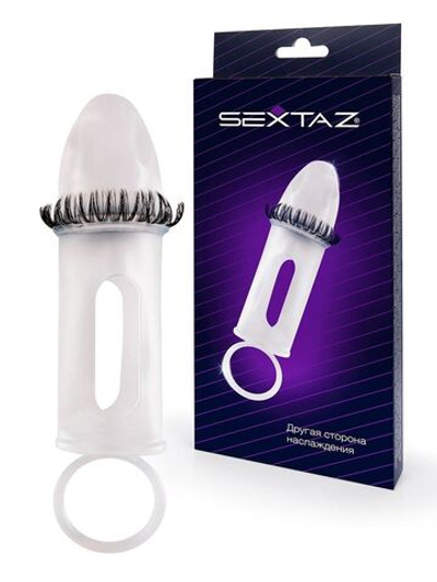 Закрытая насадка на пенис с подхватом мошонки и стимулирующими «ресничками» (Цвет: белый)