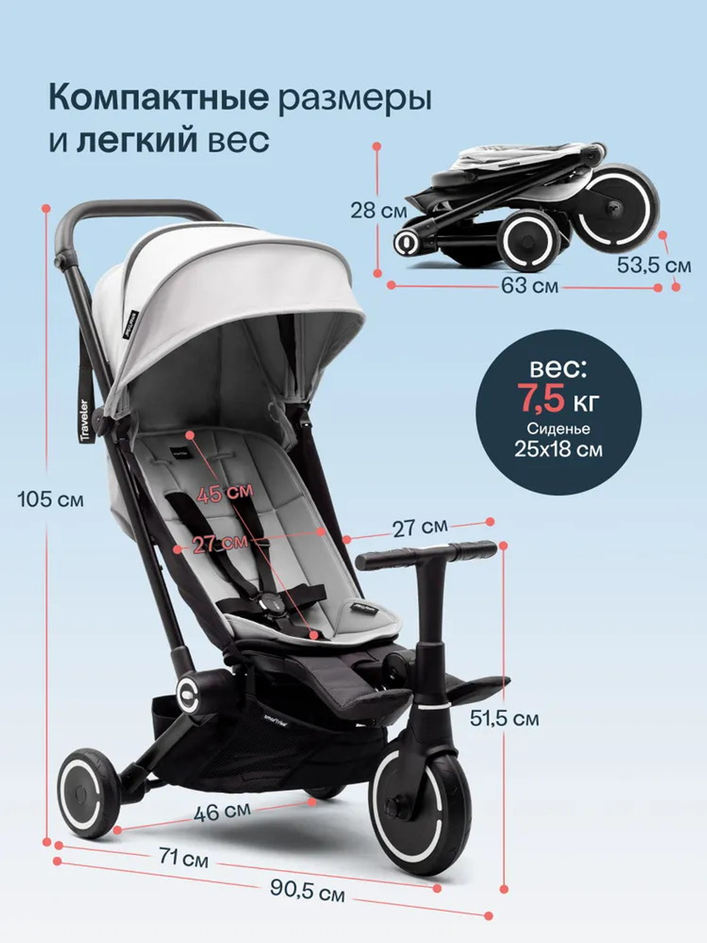 Трехколесный складной велосипед-коляска Smartrike Traveler Everest white