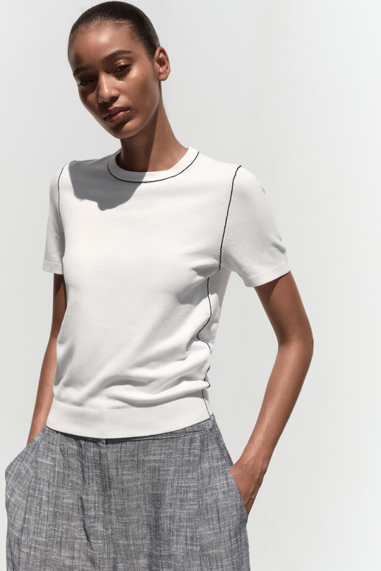 ZARA ТРИКОТАЖНЫЙ ТОП С КОРОТКИМИ РУКАВАМИ И ОКАНТОВКОЙ, БЕЛЫЙ/МОРСКОЙ СИНИЙ