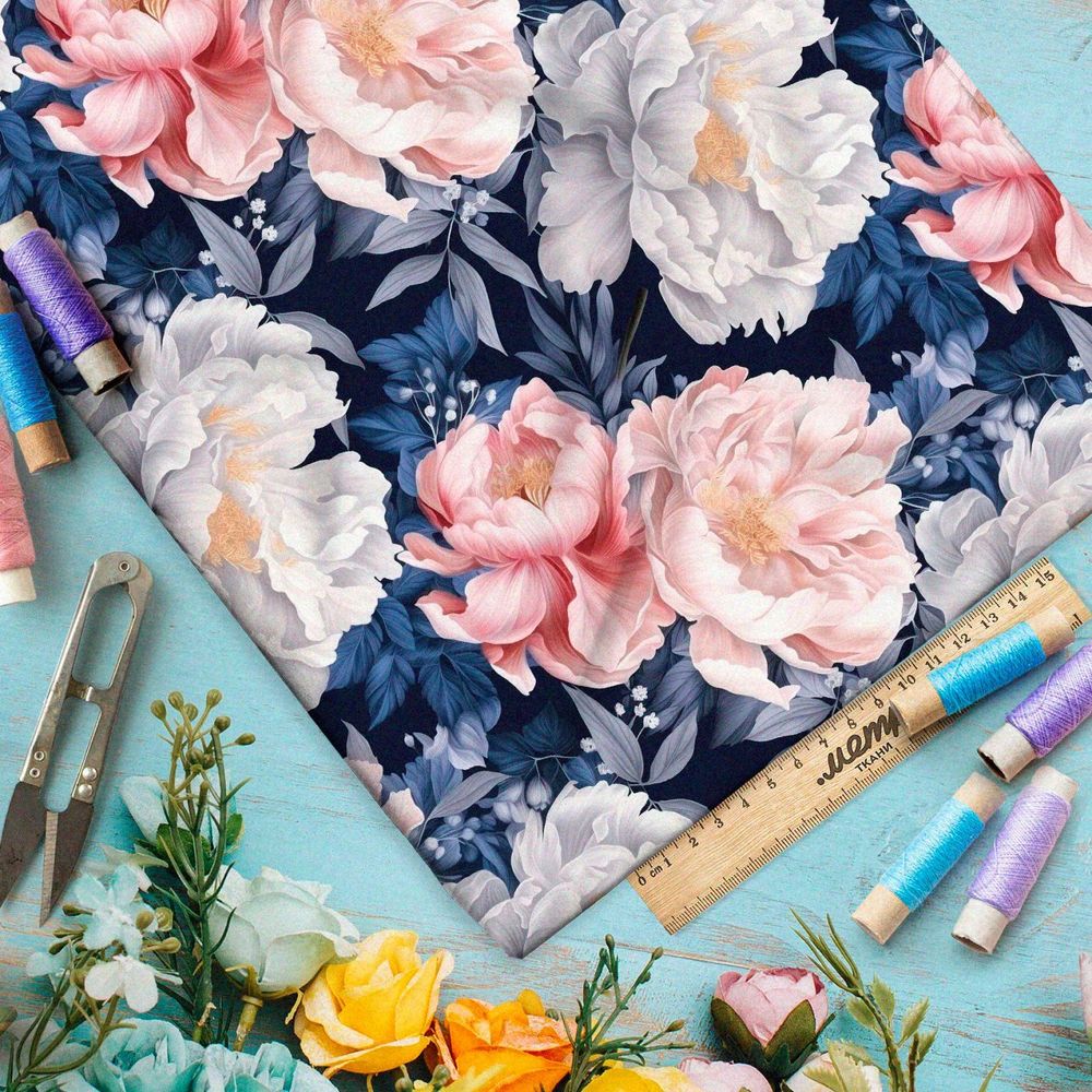 Ткань премиум Оксфорд 600D цветущие пионы на темном