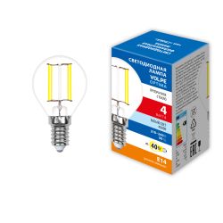 LED-G45-4W-4000K-E14-CL-SLF Лампа светодиодная. Форма шар. прозрачная. Белый свет 4000K. ТМ Volpe
