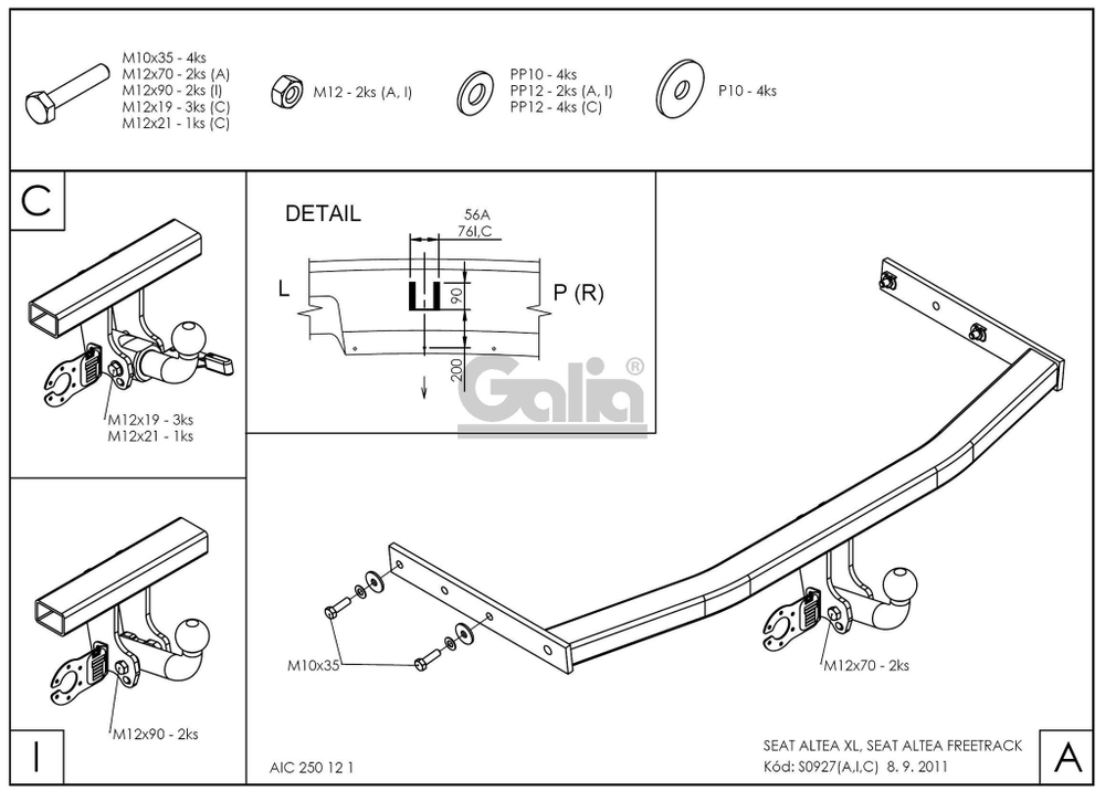 Оцинкованный фаркоп на SEAT Altea 2004-2015, в т (без электрики), Galia S092A