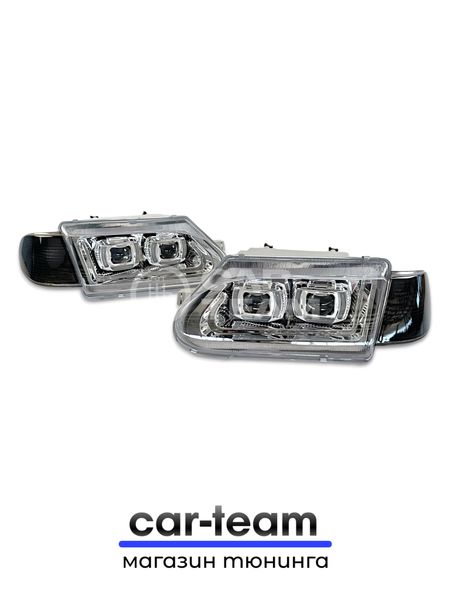 Фары ВАЗ 2113, 2114, 2115 передние с белыми галочками в стиле BMW ver 2.0 c Bi LED модулями, хром маска, тонированные поворотники