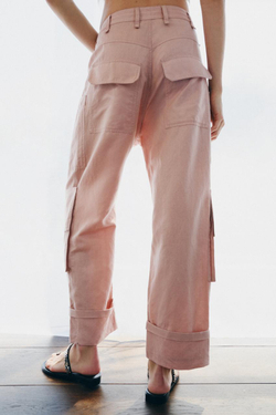 ZARA БРЮКИ КАРГО ИЗ СМЕСОВОГО ЛЬНА — ZW COLLECTION, СВЕТЛО-РОЗОВЫЙ