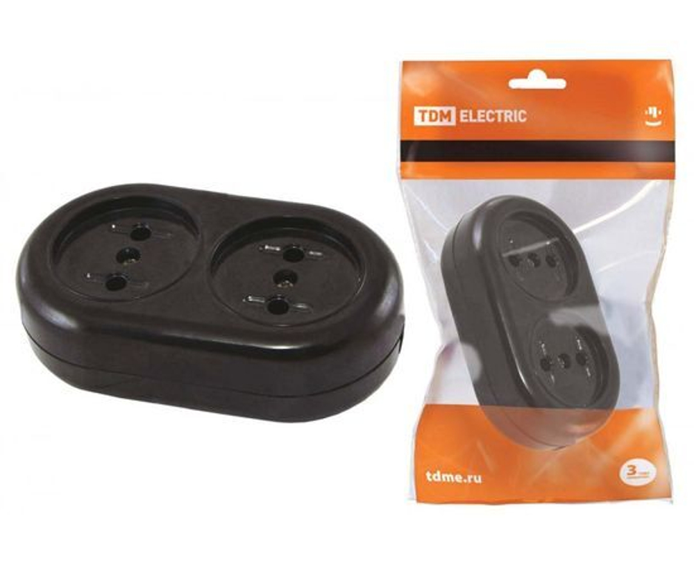 Колодка для удлинителя электрическая TDM Electric / ТДМ Электрик SQ1806-0103 Ретро карболит без заземления, 2 гнезда, 2P, черная, 250В, 16А, IP20 / блок розеток (комплект из 4 шт)