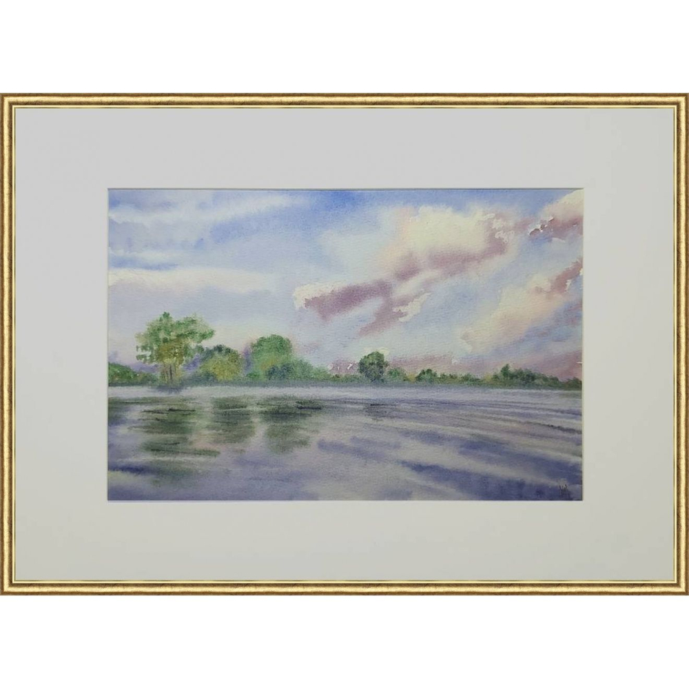 Картина авторская акварельная в паспарту 30х40 см на стену для интерьера "Облака над Ловатью"