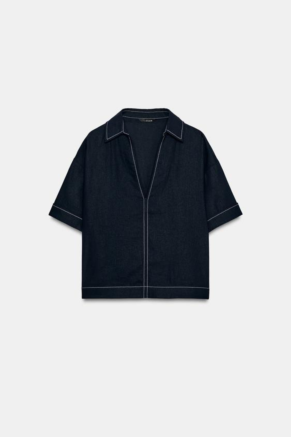 ZARA ТОП ИЗ ЛЬНА С КОНТРАСТНОЙ ОТДЕЛКОЙ, МОРСКОЙ СИНИЙ