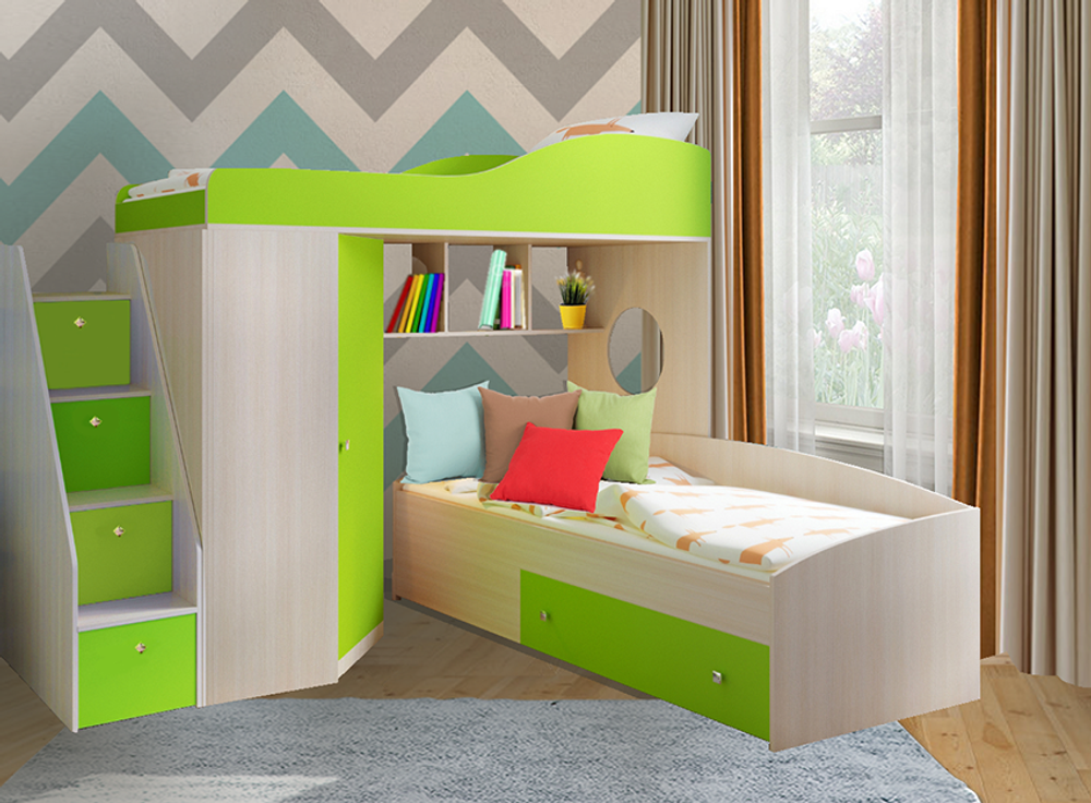 Двухъярусная кровать КарИВи  Кадет 2 с универсальной лестницей  Дуб Молочный Лайм