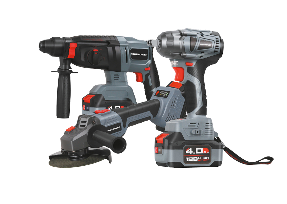 Аккумуляторный бесщеточный НАБОР 3в1 PROFIPOWER ProfiSet 3D18 (Li-ion-2шт, 4Ач, З/У, в кейсе, E0080, E0081, T0058)