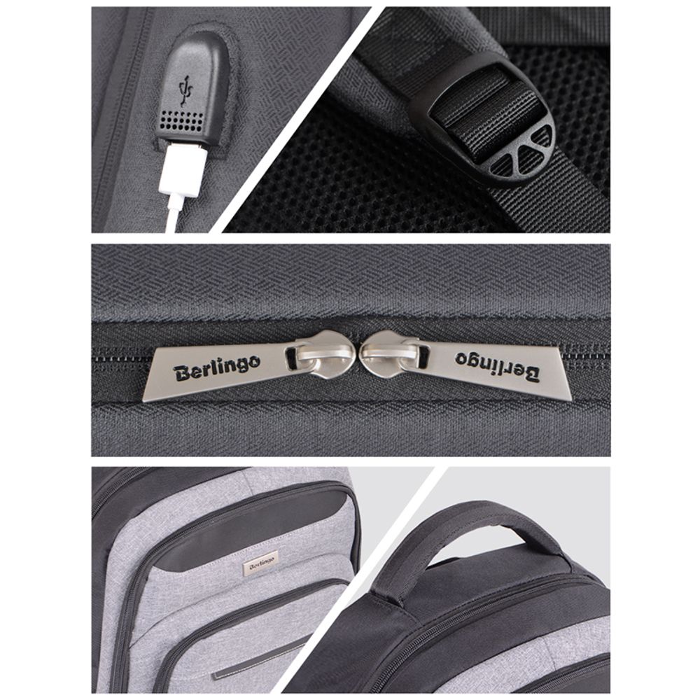 Рюкзак Berlingo City "Strict grey" 42*29*17см, 2 отделения, 3 кармана, отделение для ноутбука, USB разъем, эргономическая спинка