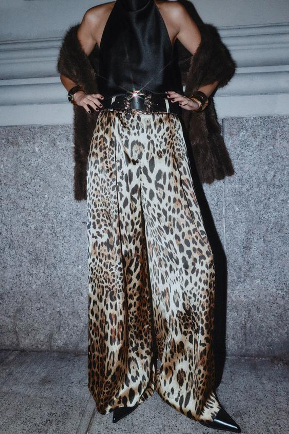 ZARA АТЛАСНЫЕ ШИРОКИЕ БРЮКИ С РЕМНЕМ, ЛЕОПАРДОВЫЙ