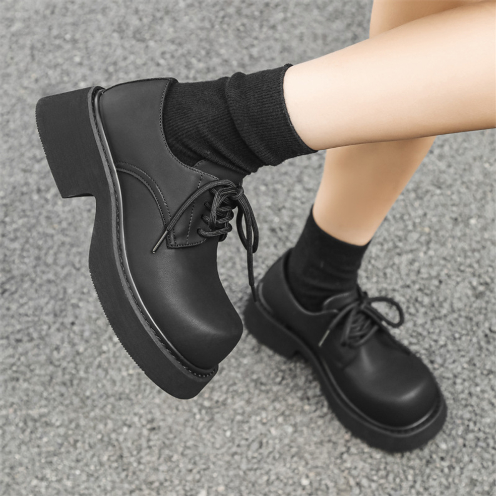 V ZERO FIVE Chunky Derby Shoes Microfiber Leather Casual Shoes Unisex Black British