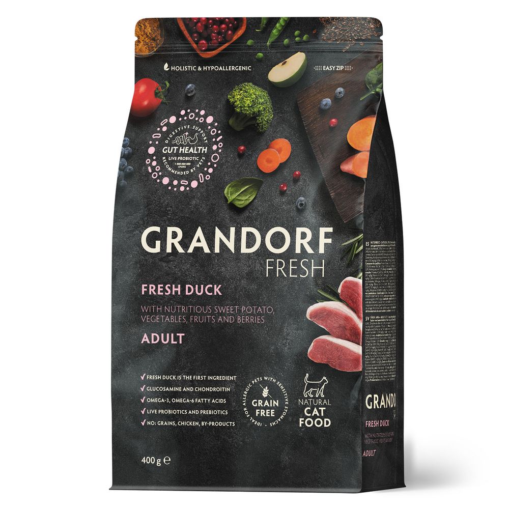 Беззерновой корм с живыми пробиотиками GRANDORF Fresh Cat ADULT Duck&amp;Sweet Potato Свежее мясо утки с бататом для кошек 400 г