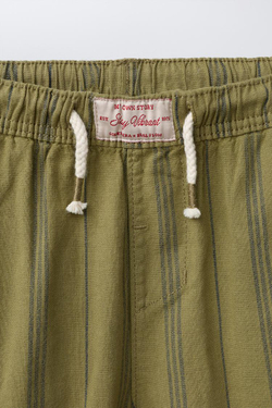 ZARA БРЮКИ В ПОЛОСКУ ИЗ ХЛОПКА И ЛЬНА, ХАКИ