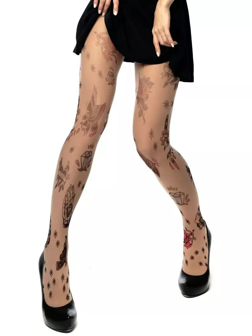 Женские колготки с принтом, имитирующим татуировки (Размер: S-M-L) (Цвет: бежевый)