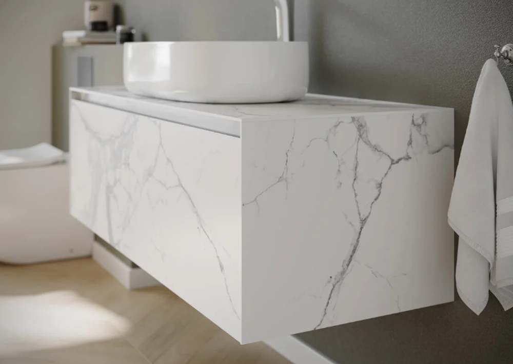Тумба подвесная SANCOS Stone из керамогранита с одним выдвижным ящиком и столешницей из керамогранита 1200х400х495, керамогранит Statuario white, арт. ST120SV