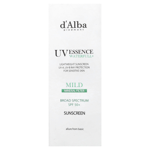 d'Alba, UV Essence Waterfull+, солнцезащитное средство, минеральный фильтр, мягкое, SPF 50, 50 мл (1,69 жидк. унции)