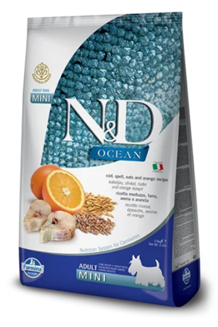 Сухой корм Farmina N&D Ocean Mini для взрослых собак мини пород, треска, спельта, овес и апельсин 2,5 кг