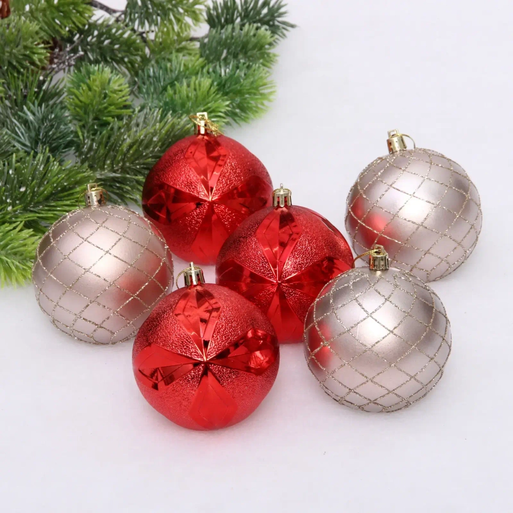 Новогодние шары «Снежный вальс» 8 см (набор 6 шт), Красный/Шампань