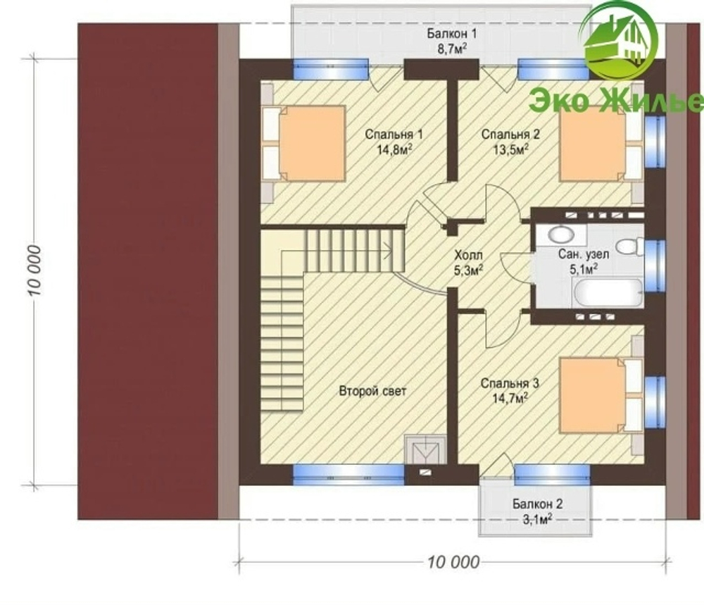 Двухэтажный Дом с навесом для машины 164 кв. м К-84