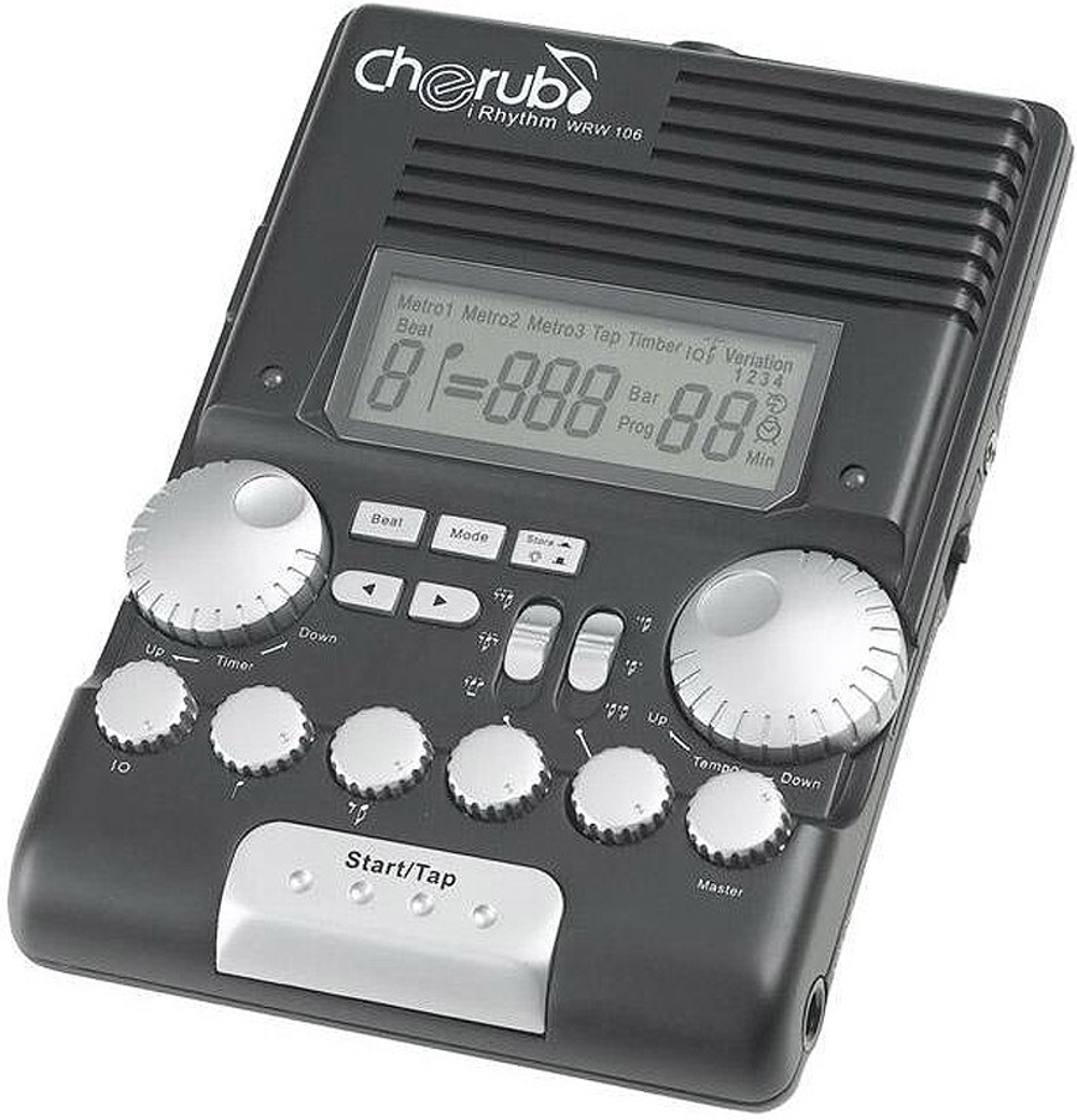 CHERUB WRW-106 метроном для ударника. Темп: 30 ~ 280 ударов в минуту. 20 демонстрационных ритмов. Питание: 9V батарея, или источник постоянного тока. Размеры: 164x117x33 мм. Вес: 230 гр.