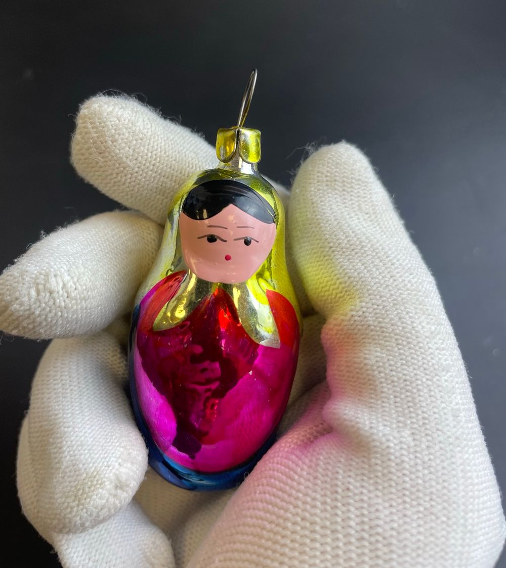 Ёлочная игрушка "Матрёшка", стекло, ручная роспись, подвесная, винтаж СССР 1960-1980 гг