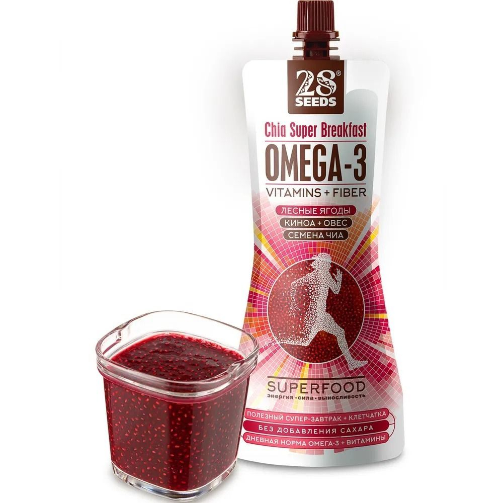 Супер-завтрак быстрый, смузи без сахара Чиа Омега-3 Лесные ягоды 28SEEDS 10 шт, 220 мл, омега 6, клетчатка, протеин, пюре фруктовое