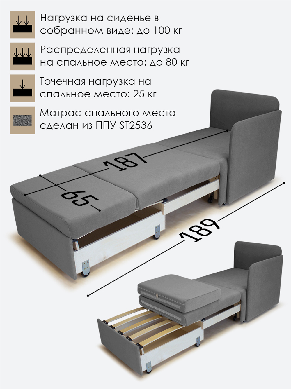 Кресло-кровать "Миник" с левым подлокотником, под правую руку, велюр Candy Grey