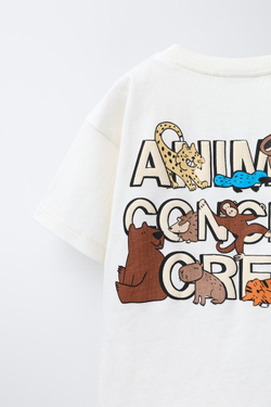 ZARA ФУТБОЛКА С АНИМАЛИСТИЧЕСКИМ ПРИНТОМ, ЖЕЛТОВАТО-БЕЛЫЙ