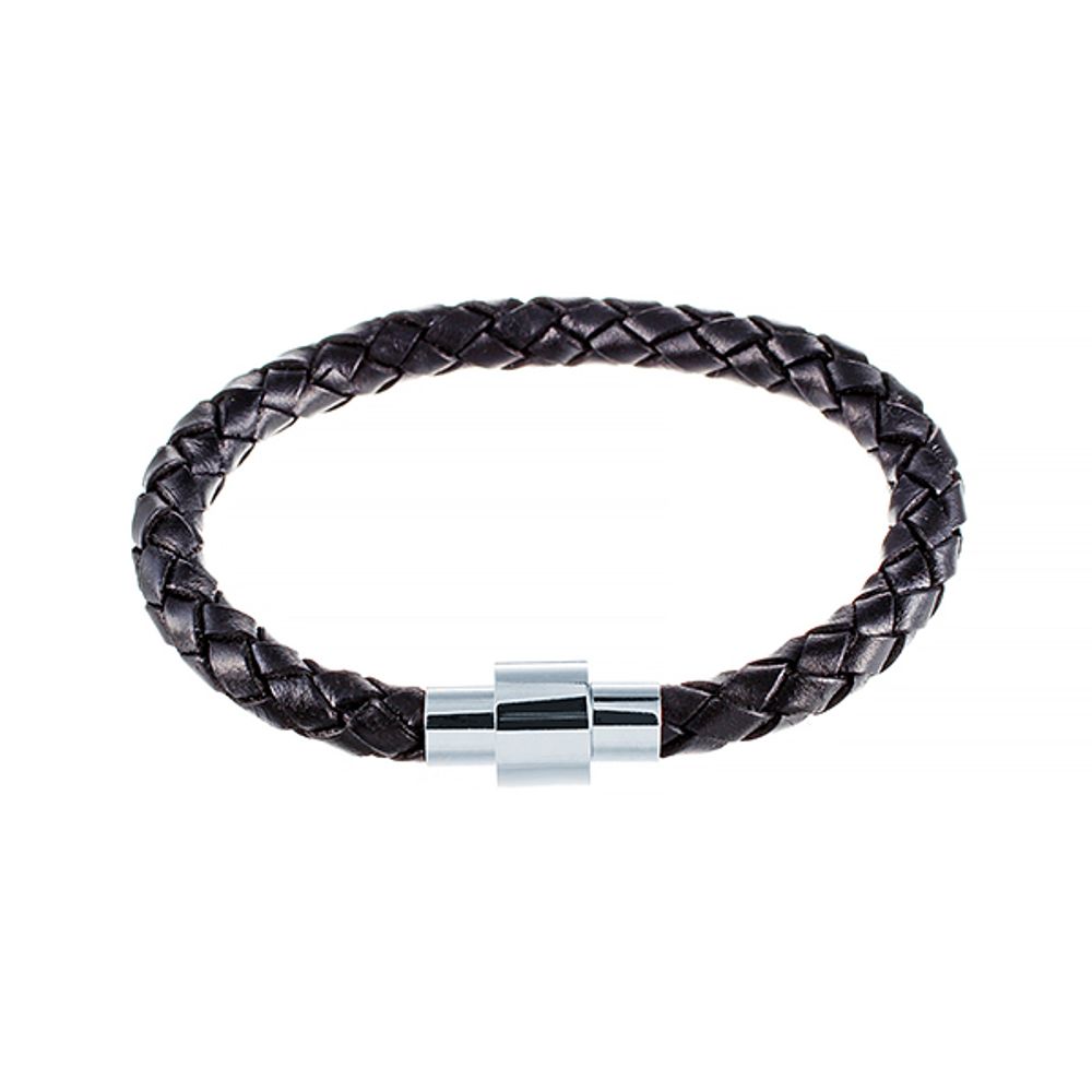 Стильный модный кожаный чёрный браслет из плетёной кожи с магнитным замком JV 232-0054 в подарочной упаковке