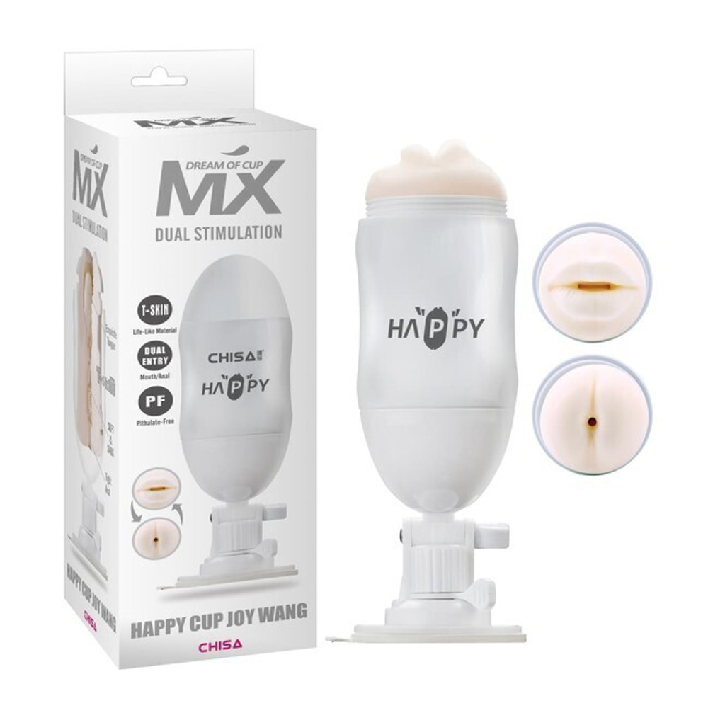 Двусторонний мастурбатор с присоской Happy Cup Joy Wang Mouth & Ass (Цвет: телесный с белым)