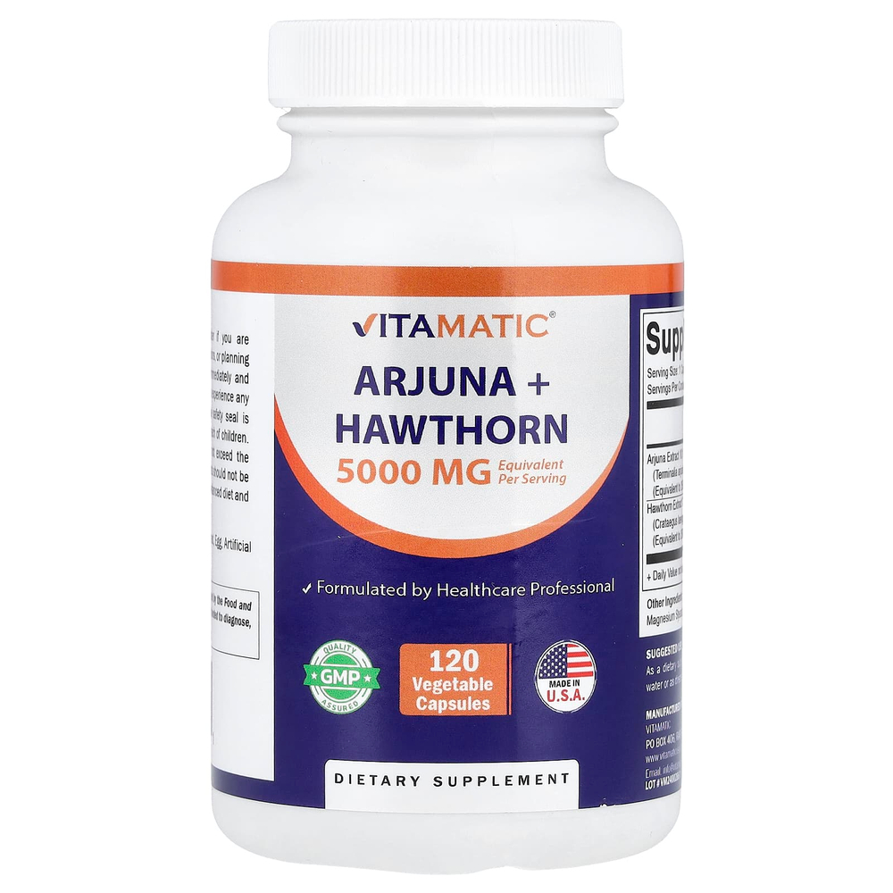 Vitamatic, арджуна и боярышник, 120 растительных капсул