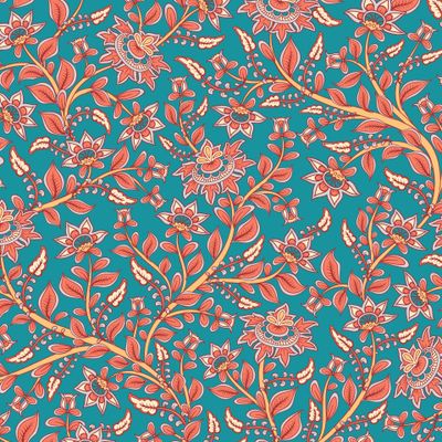 Переплетающиеся цветочные ветки на бирюзовом фоне. Индийский орнамент.