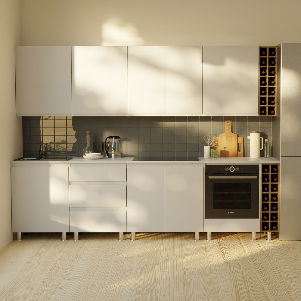Кухня Севилья 280 см со столешницей (10 модулей) / белый ЛДСП, массив дуба