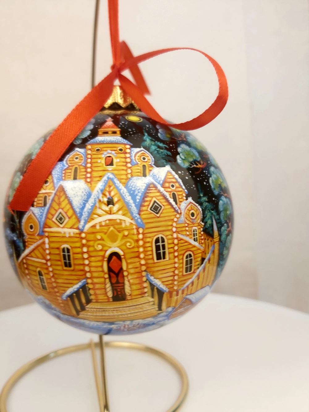 Шар новогодний с круговой росписью Палех"Зимняя тройка" в коробке