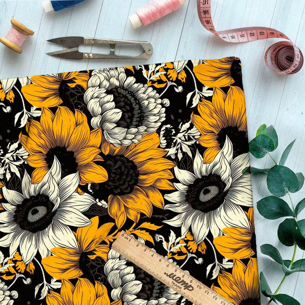 Ткань премиум сатин ночное поле подсолнухов