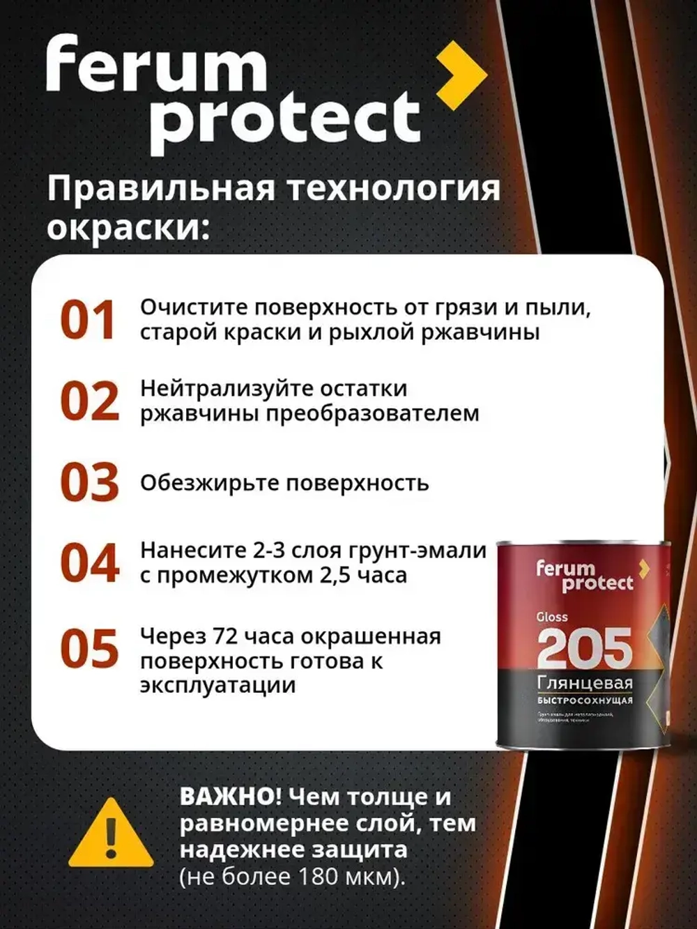 Грунт-эмаль по ржавчине 3в1 Ferumprotect-205 Черная глянцевая (0,8 кг) краска по металлу и оцинковке, алкидная, быстросохнущая