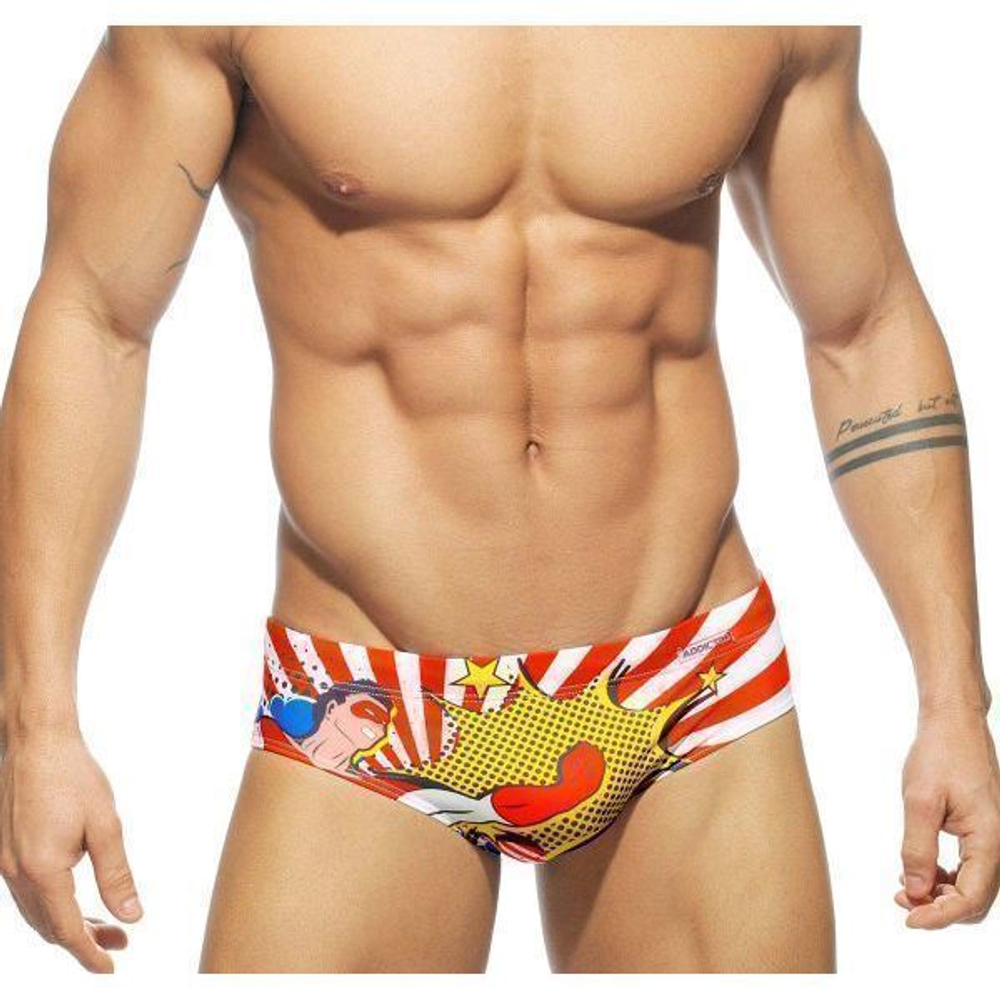Мужские плавки брифы оранжевобелые с принтом Addicted ПУШ-АП