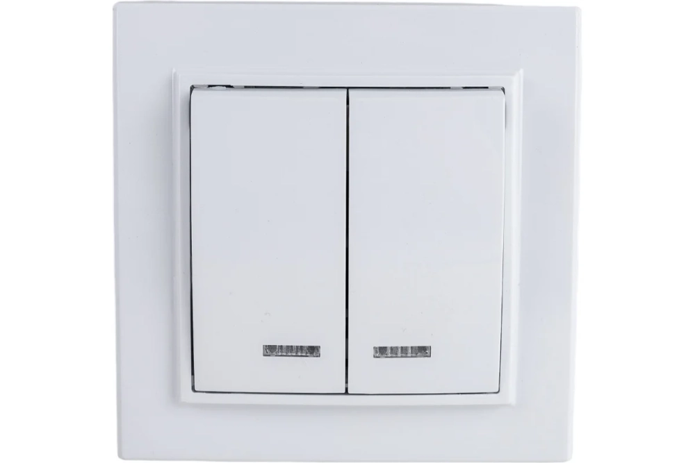 Выключатель STEKKER 2-клавишный с индикатором, 220V, 10А, серия Эрна, белый, PSW10-9002-01 39042