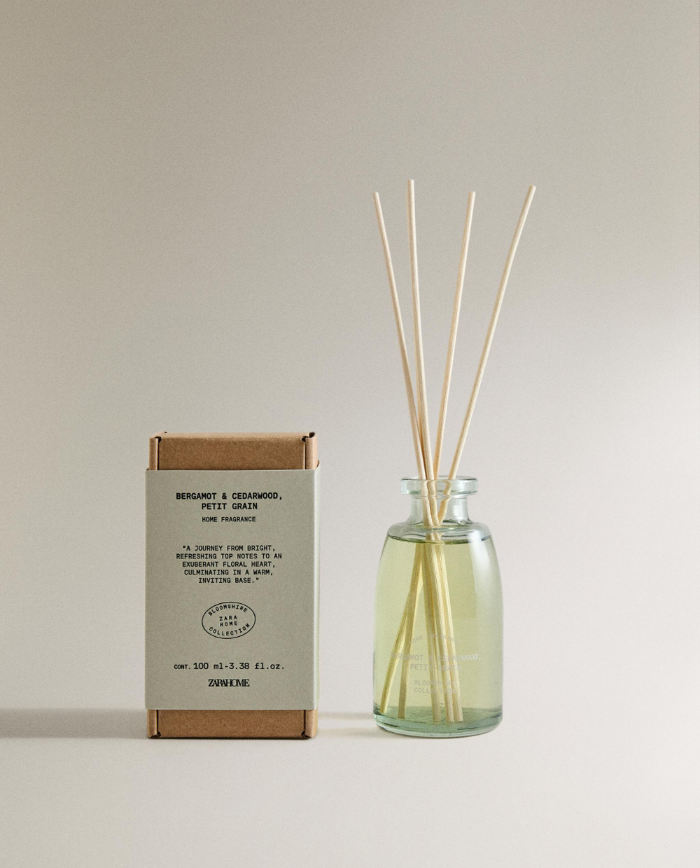 Zara Home Аромадиффузор Bergamot & Cedarwood 100 мл, тростниковые палочки микадо, аромат древесный, Коричневый