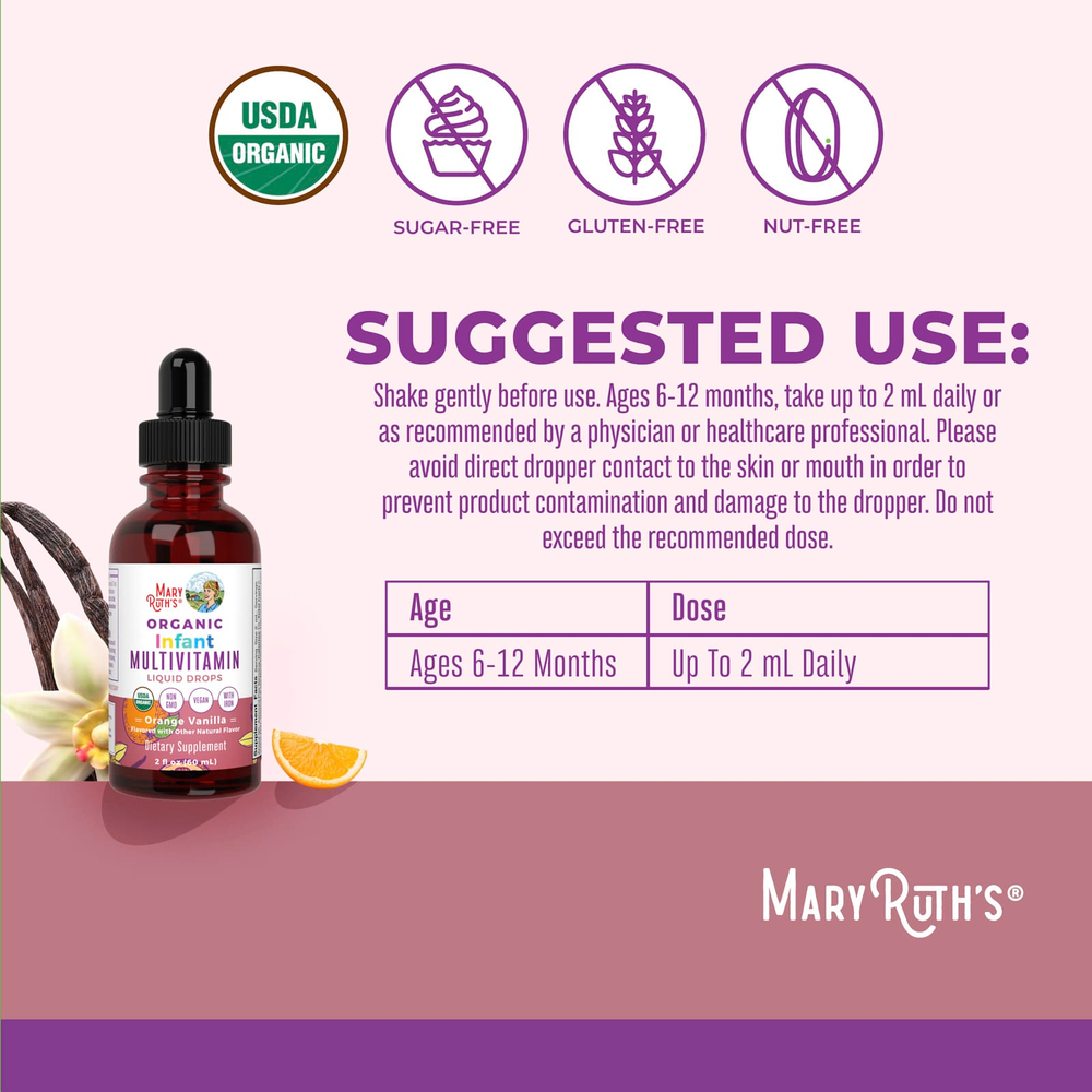 MaryRuth's, органические мультивитамины в жидкой форме для младенцев, для детей 6–12 месяцев, со вкусом апельсина и ванили, 60 мл (2 жидк. унции)