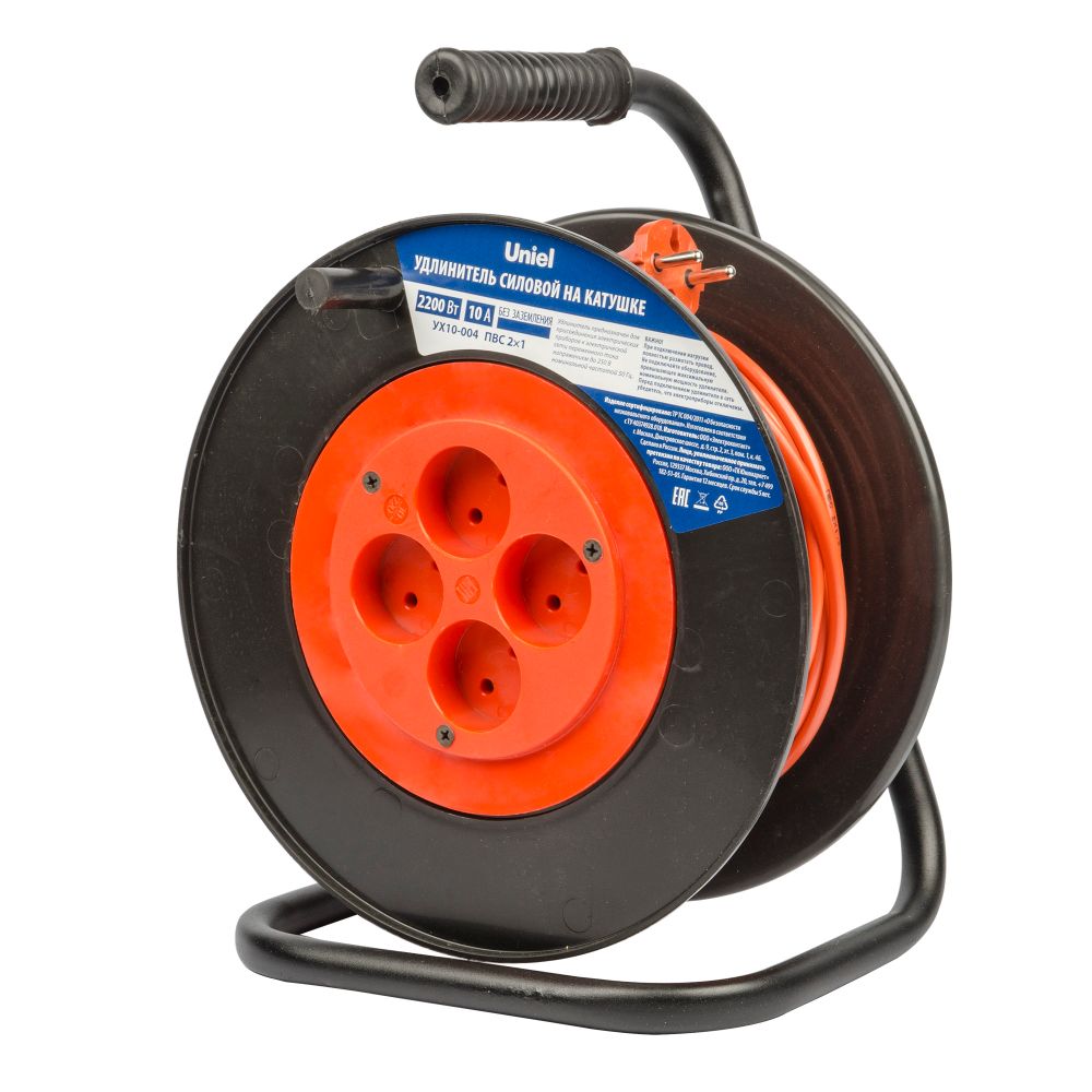 YX10-004 -UCK-4N-2x1.00-20M-S ORANGE-BLACK Удлинитель силовой на пластиковой катушке. б-з. 4 гнезда. 20м ПВС 2х1. 10A. Оранжевый-черный. TМ Uniel