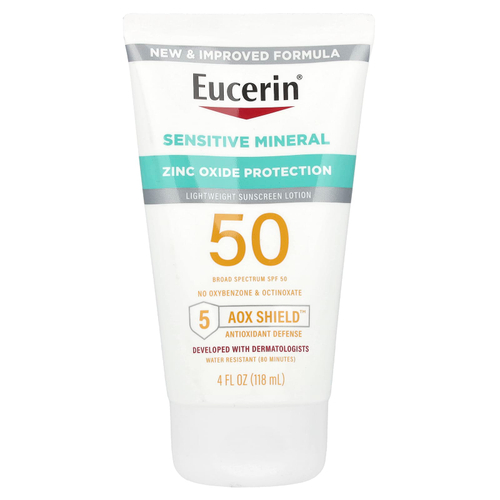 Eucerin, Sensitive Mineral, легкий солнцезащитный лосьон, SPF 50, без отдушек, 118 мл (4 жидк. унц.)