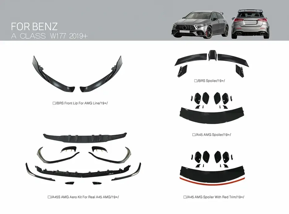 Обвес в стиле AMG для Mercedes-Benz A-class W177 2019-2024+ губа канарды спойлер