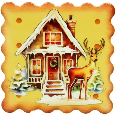 Подставка под кружку керамическая 10,5*10,5см «Печенька» пряничный домик с оленем