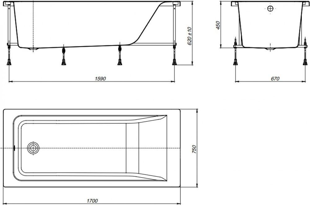 ВАННА АКРИЛОВАЯ ROCA EASY 170X75 в комплекте каркас